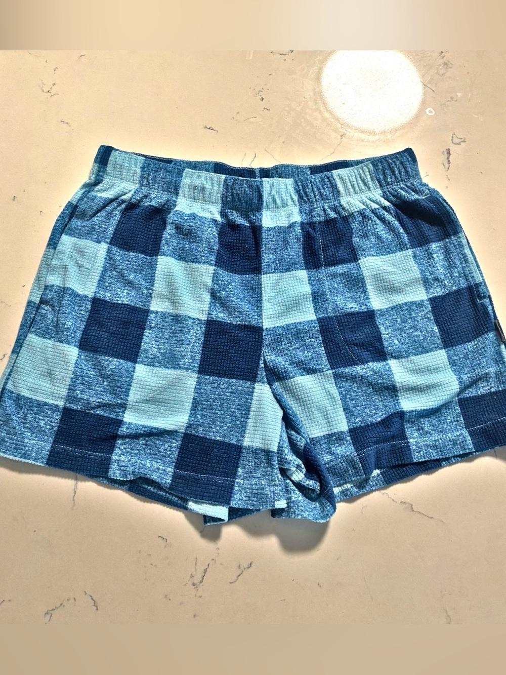 Eddie Bauer Blue Plaid Waffle Knit Lounge Shorts, Small